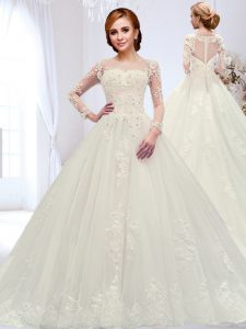 Stylish Scoop Long Sleeves With Train Beading and Appliques Zipper Wedding Gown with White Court Train