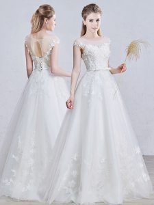 Beauteous Scoop Tulle Short Sleeves Floor Length Bridal Gown and Appliques