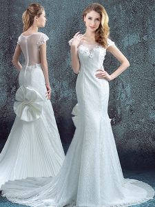 Best Mermaid Scoop Short Sleeves Brush Train Lace and Bowknot and Pleated Zipper Wedding Gowns