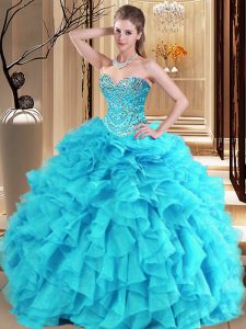 Sweetheart Sleeveless Lace Up Sweet 16 Dress Aqua Blue and Turquoise Organza
