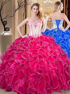 Coral Red Strapless Lace Up Embroidery and Ruffles Quinceanera Dress Sleeveless