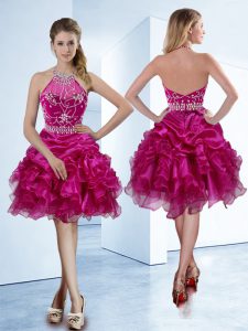 New Style Pick Ups A-line Evening Dress Fuchsia Halter Top Organza Sleeveless Knee Length Zipper